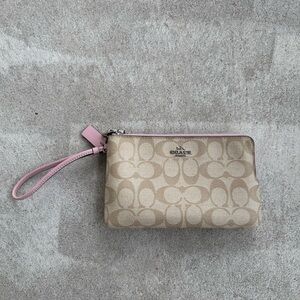 Coach Large Double Zip Wallet Wristlet Bag Corner Zip Beige Tan Pink - BRAND NEW